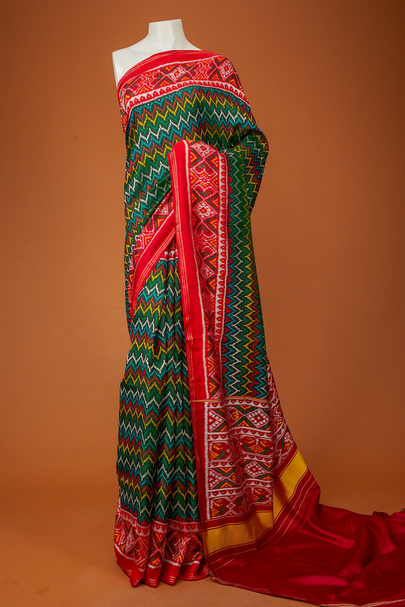 Ikkat- silk dark raw apple green saree with blouse, - Handlooms - Sarees -  Ikkat & Patola Sarees