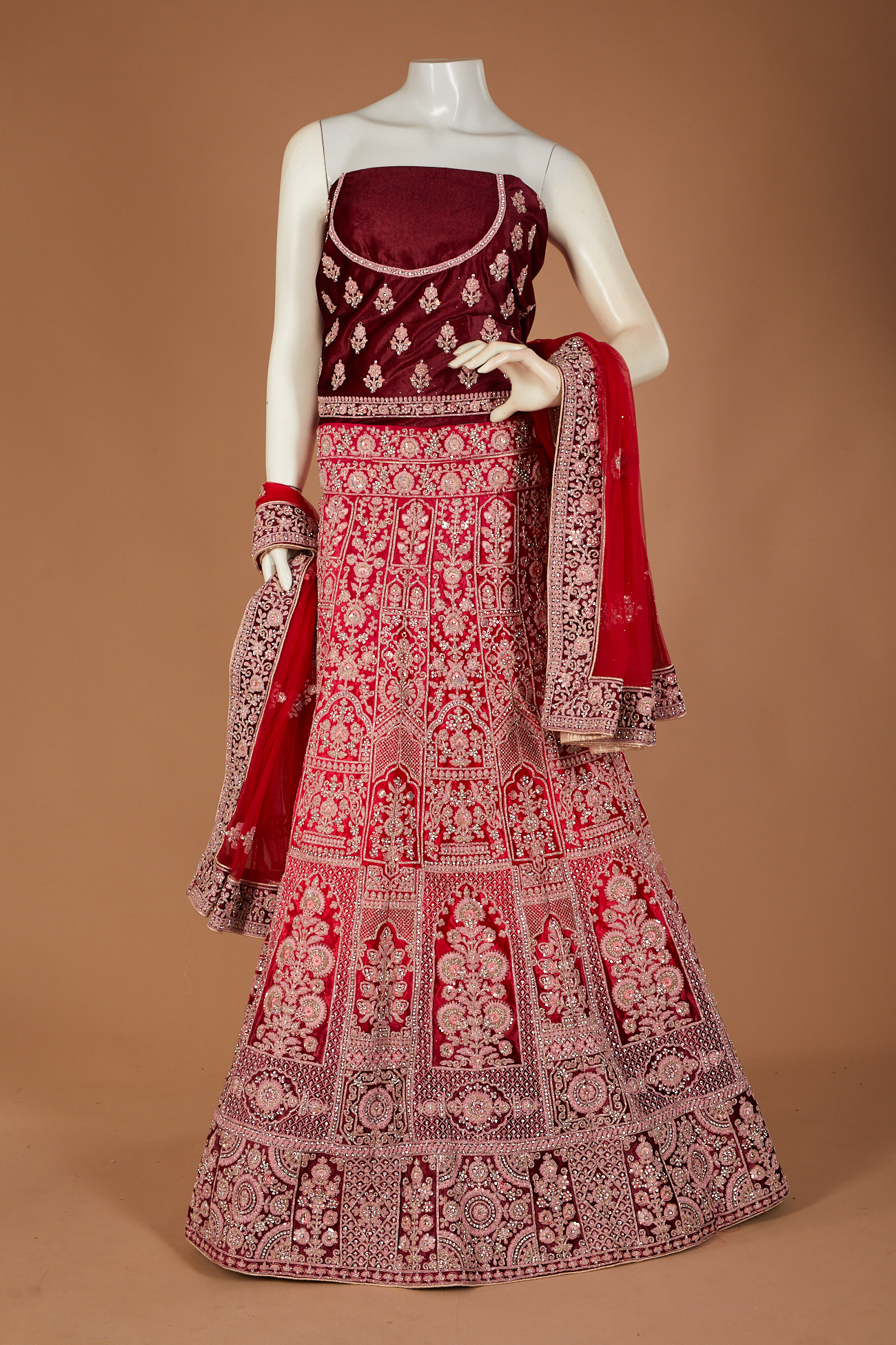 Pure Silk Bridal Lehenga In Red With Embroidery & Crystal Stone Work