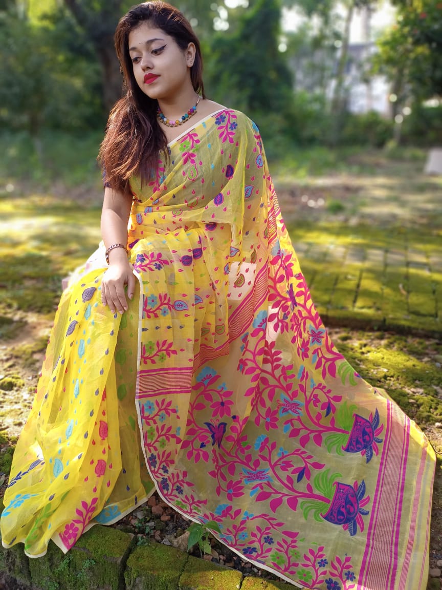 blousewala presenting a cotton saree for the summer season with stitched  fabric chinon crush blouse design name hk 1 fabric juth cotton with heavy  contras latkans blouse hakobha with butterfly sleeve saree