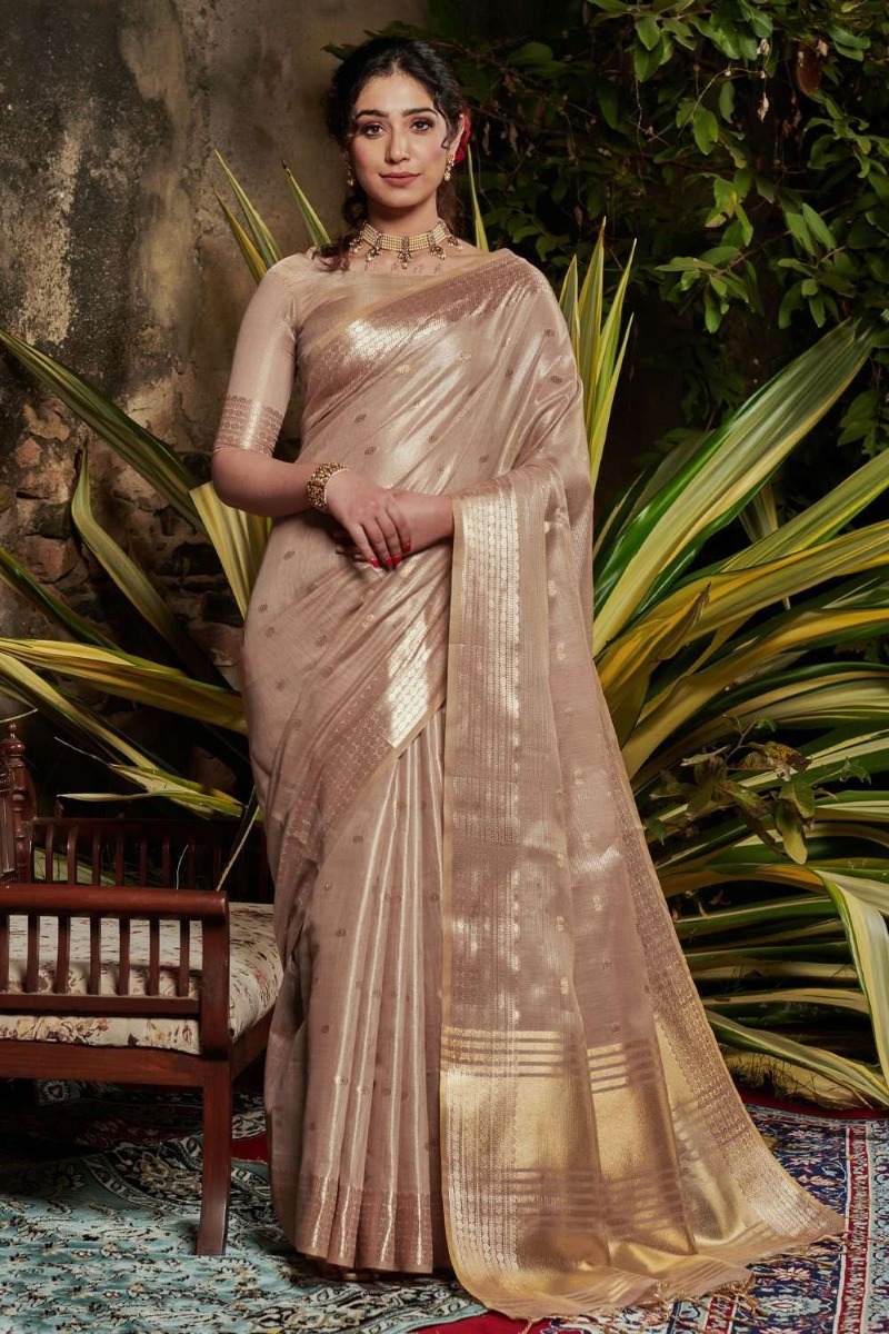 Brown Beautiful Tissue offers Linen Saree Elegant Designer Fabric craft Weaving Sari Bollywood Wedding Wear Women Indian With Matching Blouse Pice